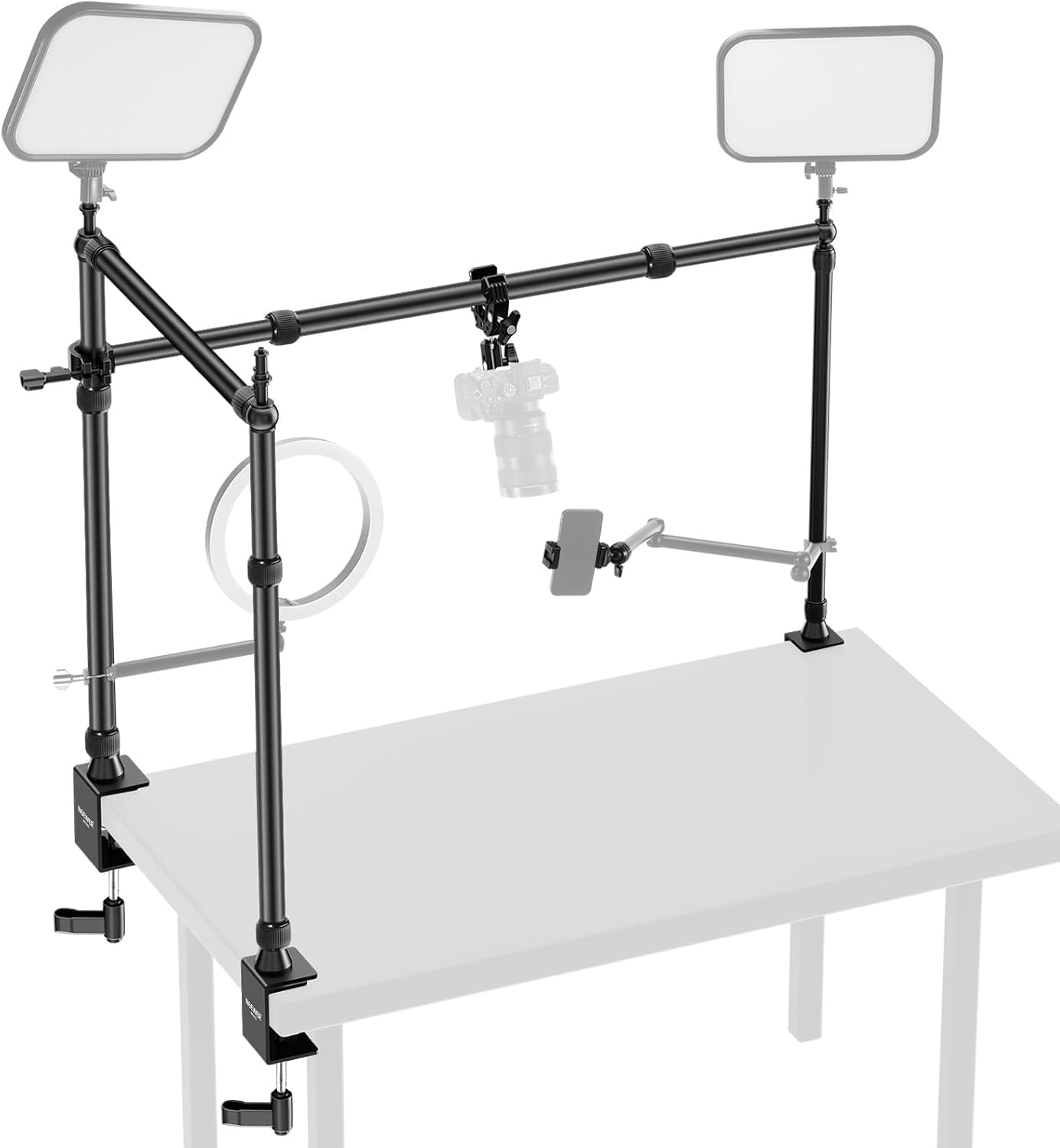 NEEWER Overhead Camera Mount Table Mount with Dual Ball Head Super Clamp/Mobile Phone Holder/C Clamp for Desktop Recording from Top to Bottom, Metal Multi Device Mounting Platform for Photography, NK003