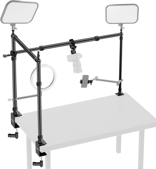 NEEWER Overhead Camera Mount Table Mount with Dual Ball Head Super Clamp/Mobile Phone Holder/C Clamp for Desktop Recording from Top to Bottom, Metal Multi Device Mounting Platform for Photography, NK003