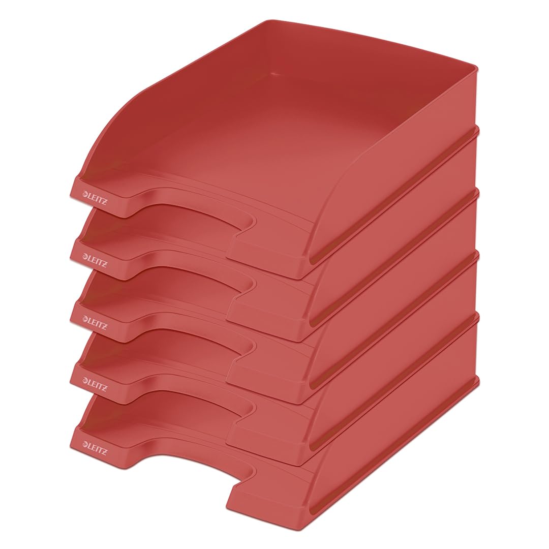 Leitz letter tray A4, pack of 5, stackable storage compartments, Blue Angel, recycling range, red, 52275020