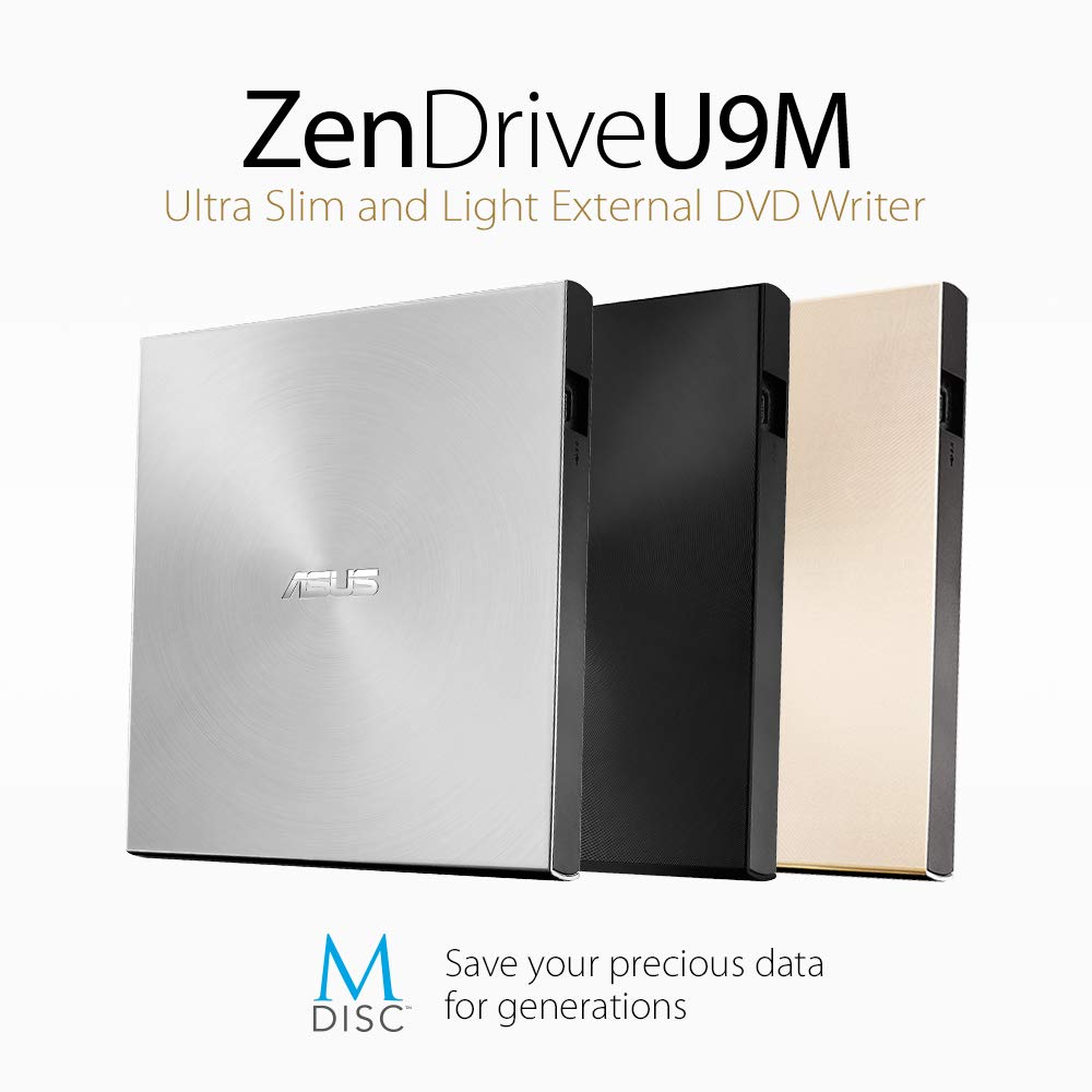 Asus ZenDrive U9M USB-C external ultra slim DVD burner (incl. USB-C cable, burning software & Nero backup app), for Apple MacBooks and Windows 7/8 / 10/11 PCs/notebooks, USB 2.0, silver - 90-DT00205-UA219KZ