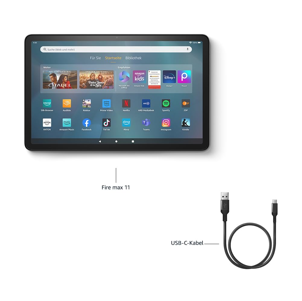 Certificat și recondiționat, tabletă Fire Max 11, cea mai puternică tabletă de până acum, cu un display clar de 11 inci, procesor Octa-Core, 4 GB RAM, autonomie a bateriei de 14 ore, 128 GB, gri, cu reclame. - SU8NST