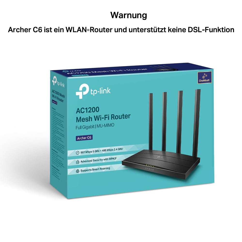 TP-Link Archer C6 dual band gigabit WiFi router (867Mbit/s 5GHz + 300Mbit/s 2.4GHz, 4 Gigabit LAN port, MU-MIMO, IPTV, does not support DSL function - ARCHER