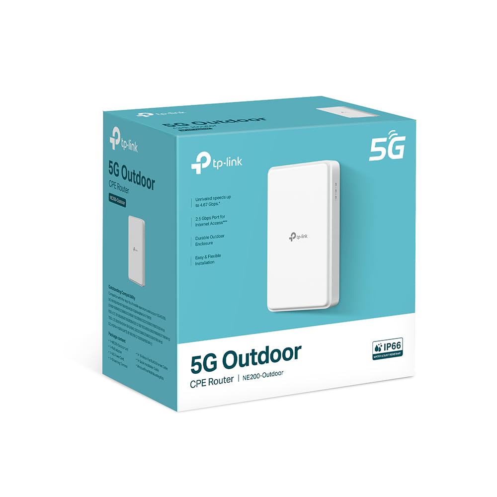 TP-Link NE200-Outdoor 5G LTE Router 𝐨𝐡𝐧𝐞 𝐖𝐋𝐀𝐍, 5G up to 4.67Gbps, 2.5 Gigabit port, weatherproof, for mounting on a pole, wall or window, 802.3at and passive PoE