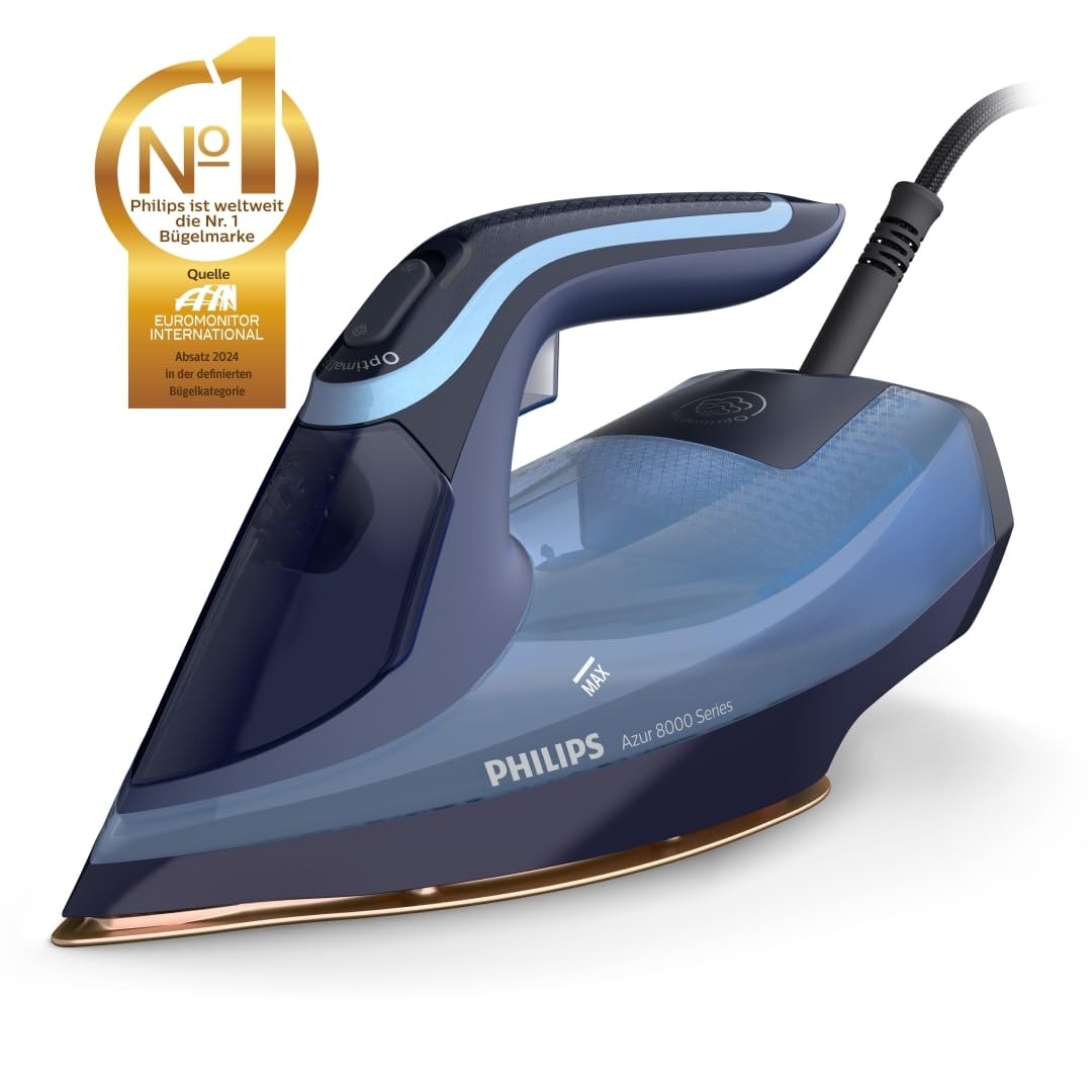 Philips Azur 8000 Series Steam Iron - 55 g/min continuous steam, 240 g steam boost, 3000 W, OptimalTEMP technology, SteamGlide Elite, light blue (DST8020/20)