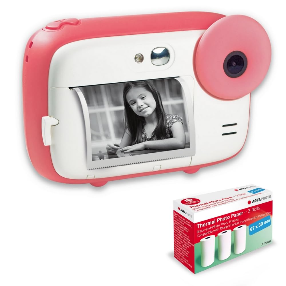 AGFA Photo Realikids Instant Cam + 3 rolls of thermal paper, ATP3WH – Instant camera for kids, 2.4-inch LCD display, lithium battery, selfie mirror, and photo filters – Pink - ARKCPK