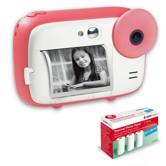 AGFA Photo Realikids Instant Cam + 3 role de hârtie termică, ATP3WH – Cameră foto instant pentru copii, display LCD de 2,4 inch, acumulator lithium, oglindă pentru selfie-uri și filtre foto – Roz - ARKCPK