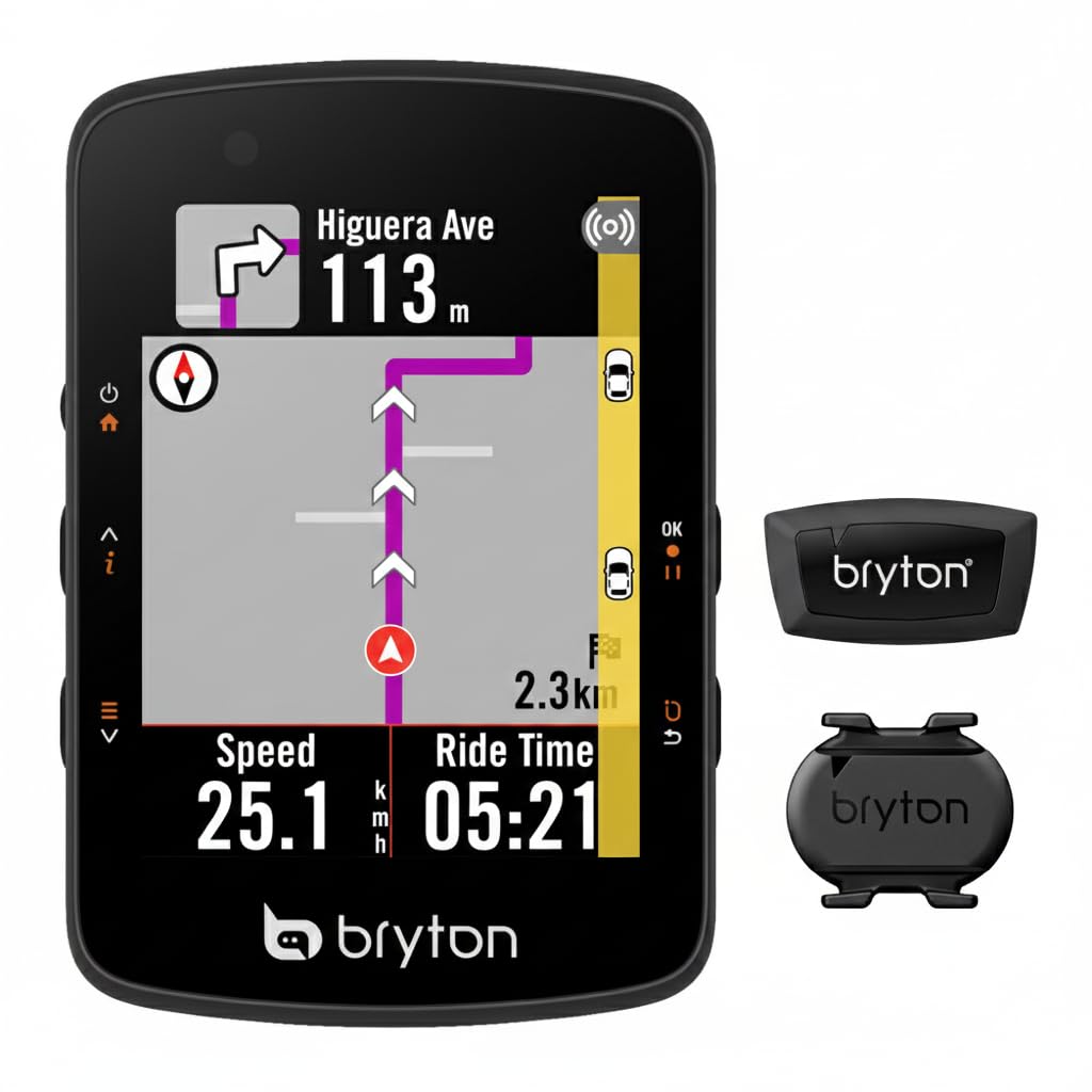 Bryton Rider 550 GPS bike computer sensor bundle with 37 hours battery life, 2.8-inch color display, and bike navigation.