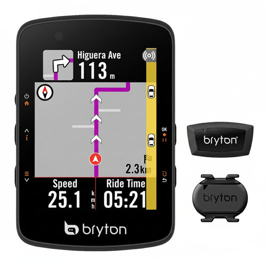 Bryton Rider 550 GPS bike computer sensor bundle with 37 hours battery life, 2.8-inch color display, and bike navigation.