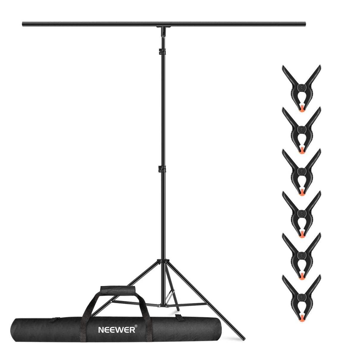NEEWER T-Shape Background Support Stand Set, 2.6m high, adjustable tripod stand and 5 feet/1.5m wide crossbars with 6 spring clamps and 1 carrying bag for studio photo video photography. - 10100024