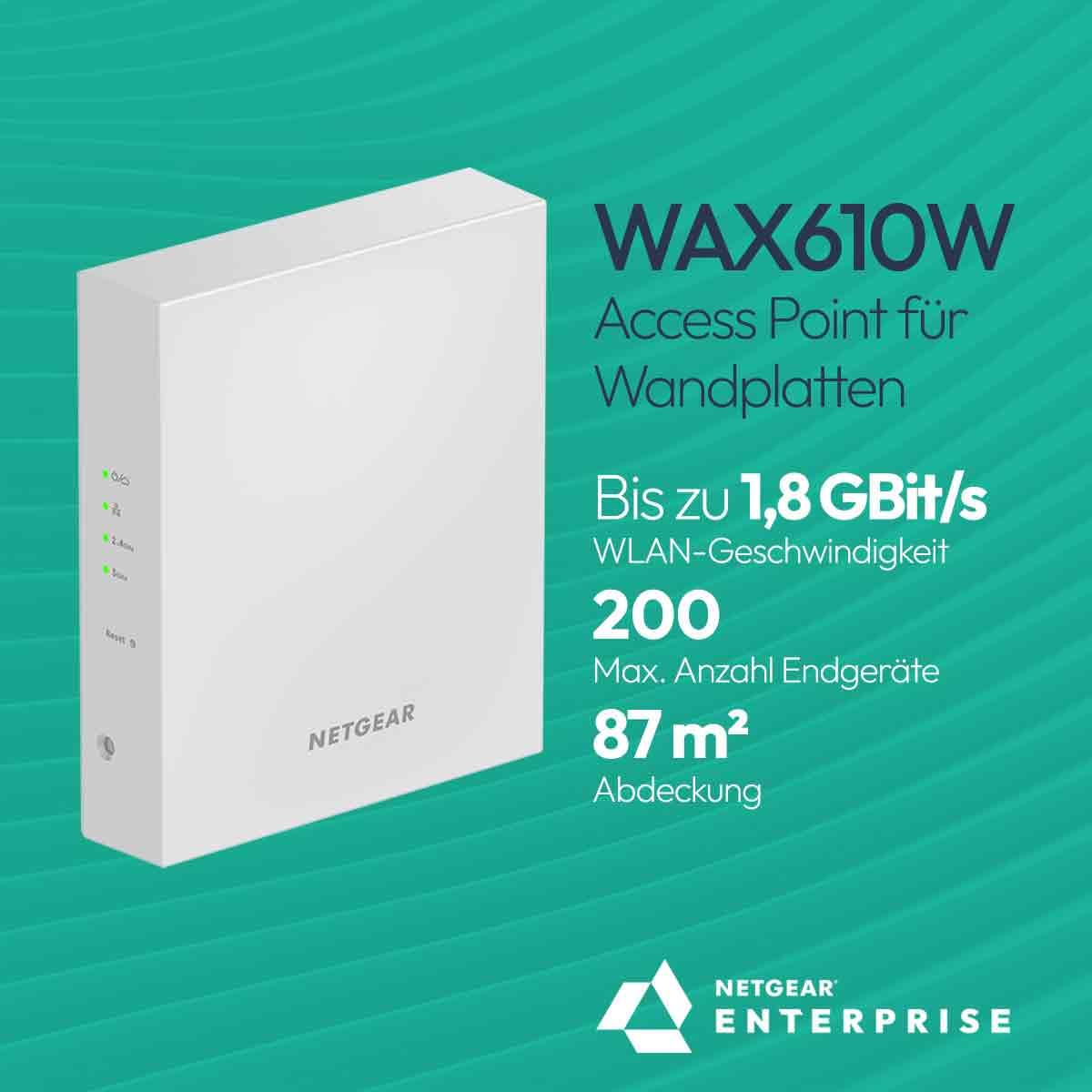 NETGEAR Insight Managed PoE+ Access Point with Wall Plate (WAX610W) – Dual-Band WiFi 6 AX1800 – covers up to 87 m², supports 200 client devices – compact design – WPA3 – power supply not included - WAX610W-100EUS