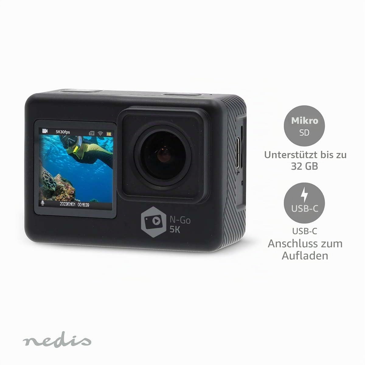 Nedis Action Cam - 5K@30fps - 16 MPixel - Waterproof up to: 30.00 m - 80 min - Wi-Fi - App available for: Android/iOS - Includes mount - Black - ACAM71BK