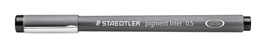 STAEDTLER black pigment liner, line width 0.5 mm, indelible pigment ink, long metal tip, long service life, 10 fineliners in a cardboard case, 308 05-9