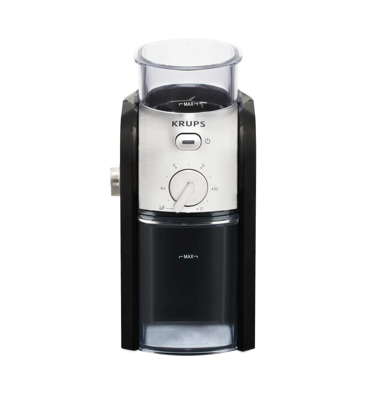 Krups electric coffee grinder with grind size and cup quantity selection, stainless steel conical burr grinder, 17 different settings, large filling opening with safety lid, espresso grinder, black, GVX212 - GVX242