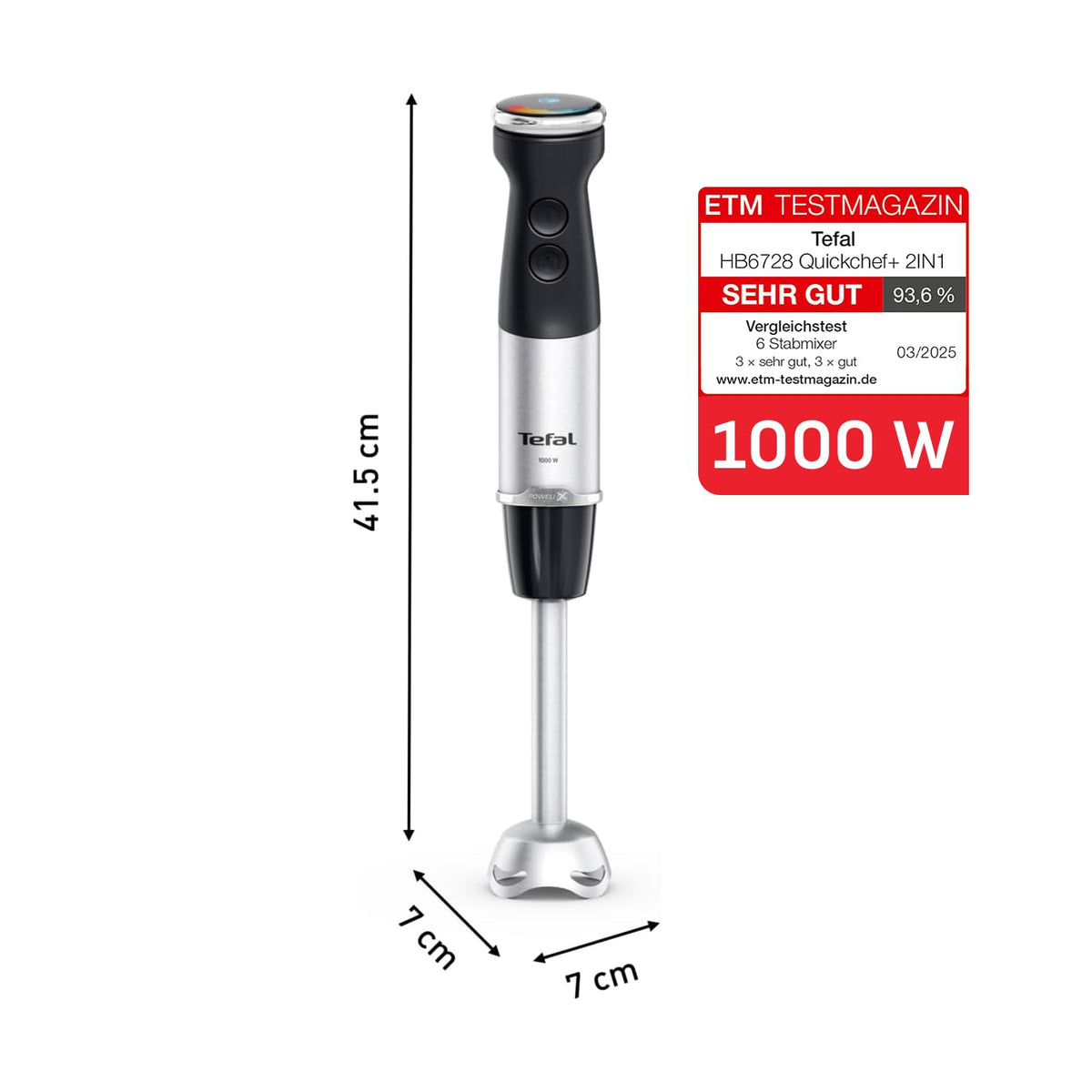 Tefal Quickchef+ 2-in-1 Mixeur plongeant și tocător, 1000 W, control intuitiv al vitezei, buton Turbo, protecție împotriva stropilor, tehnologie Powelix, oțel inoxidabil, negru, HB672830