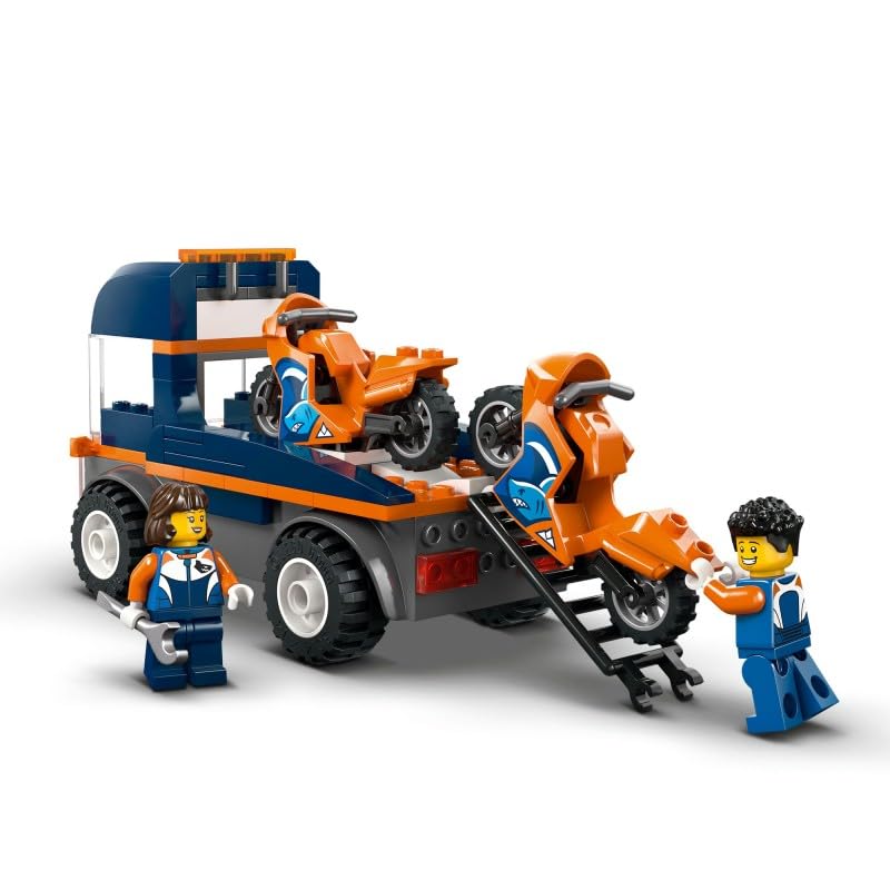 LEGO City Motorcycle Transporter - Toy to promote fine motor skills with transporter, 2 motorcycles, 2 minifigures, ramp and accessories - birthday gift for boys aged 4 and up - 60491