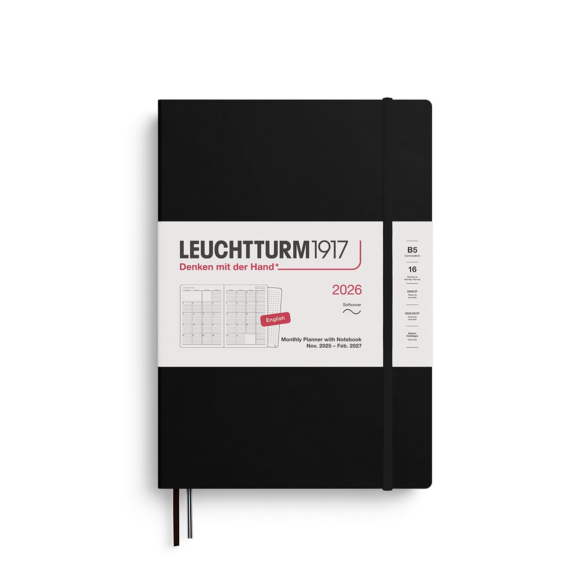 LEUCHTTURM1917 372784 Monthly Planner & Notebook Composition (B5) 2026, 16 Months, Softcover, Black, English
