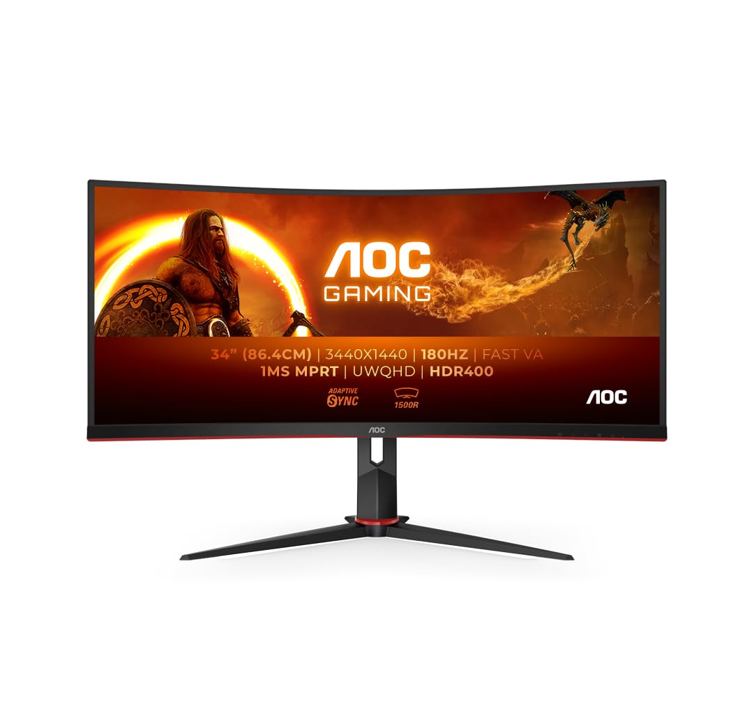 AOC CU34G2XPD/BK 34 inch curved, UW-QHD USB hub gaming monitor, 180Hz, Fast VA panel, 1ms GtG, HDR400, FreeSync Premium, height adjustment, (3440x1440 HDMI 2X 2.0 DP 2X 1.4) black/red - CU34G2XPD/BK/39