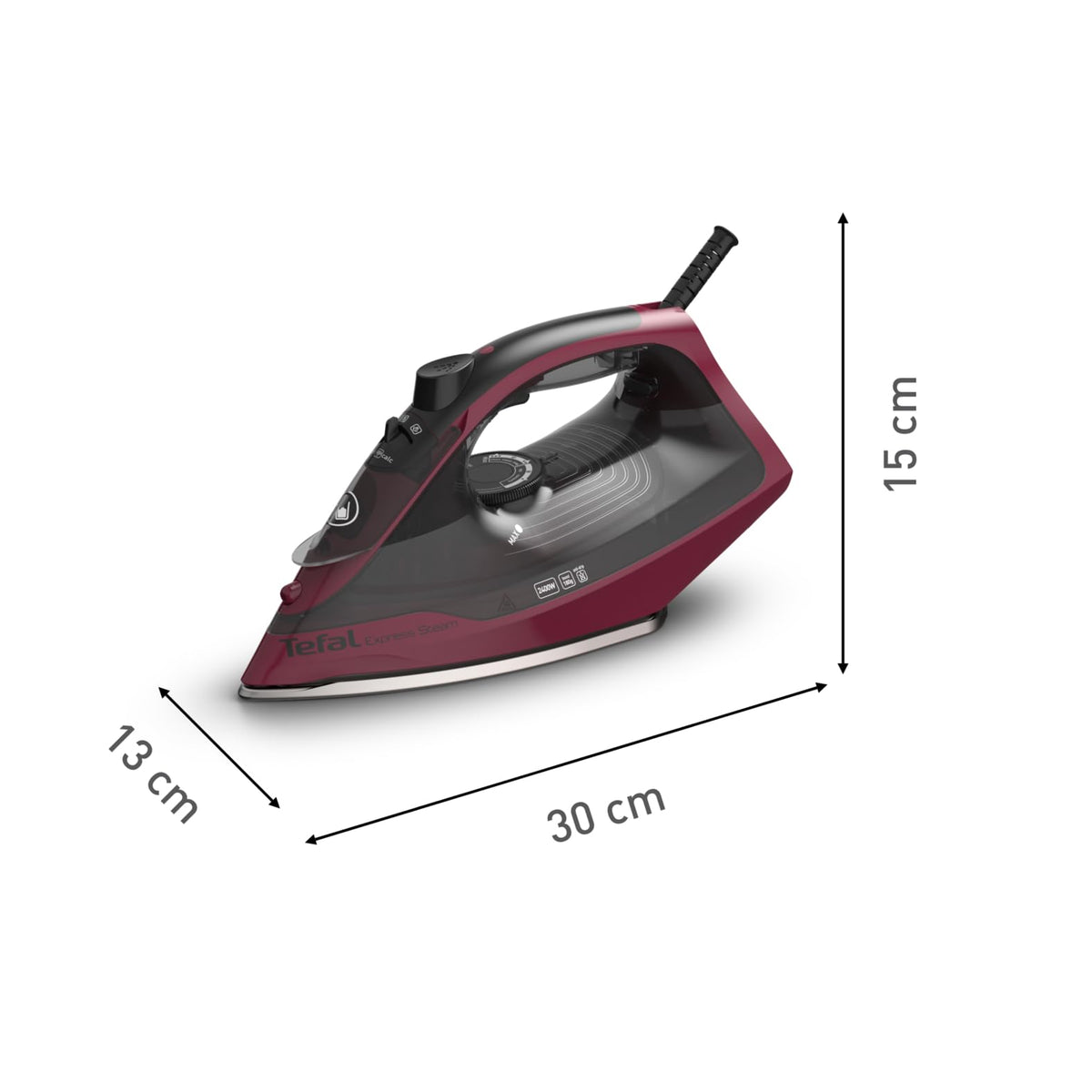Tefal FV2846 Express Steam Fier de călcat, 2400 W, 40 g/min. reglarea cantității de abur, 180 g/min. jet de abur, funcție anti-picurare pentru a preveni petele pe haine, rezervor de apă de 270 ml, Negru/Roșu vin.