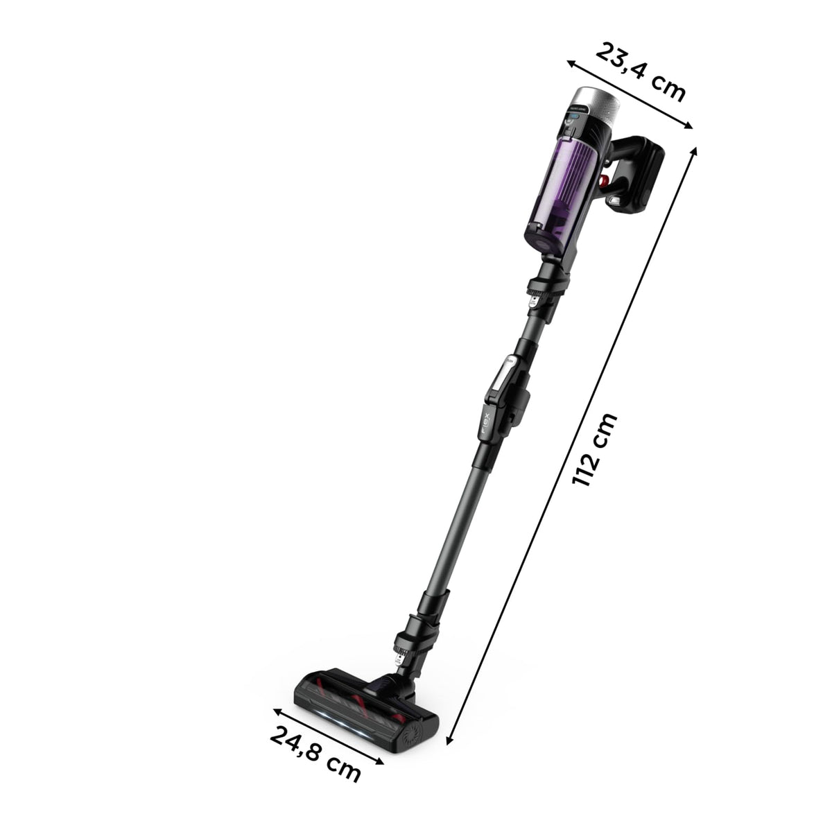 Rowenta X-Force Flex 9.60 Allergy cordless stick vacuum cleaner, 100 Air Watt, removable battery, up to 45 minutes of runtime, compact, flex joint, LED nozzle, purple-black, RH2038