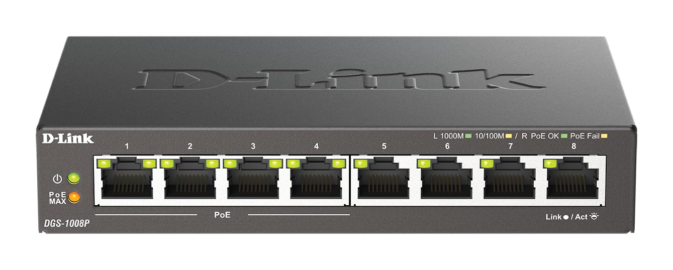 D-Link DGS-1008P, 8-Port Layer 2 Unmanaged PoE Gigabit Switch (4 x 10/100/1000 Mbit/S BaseT PoE port, 4 x 10/100/1000 Mbit/S BaseT port, 60W PoE capacity, plug & play, fanless, metal housing) - DGS-1008P/E