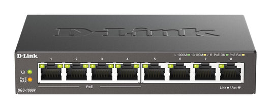 D-Link DGS-1008P, 8-Port Layer 2 Unmanaged PoE Gigabit Switch (4 x 10/100/1000 Mbit/S BaseT PoE port, 4 x 10/100/1000 Mbit/S BaseT port, 60W PoE capacity, plug & play, fanless, metal housing) - DGS-1008P/E