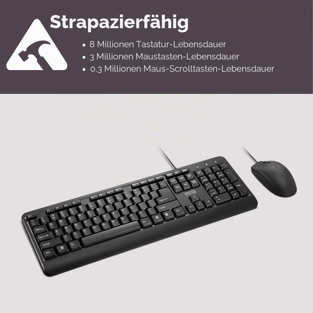 Lenovo 160 combinație între tastatură și mouse cu fir | Exoschelet rezistent la apă | Taste rezistente la stropi | Mouse de dimensiuni complete cu 1600 DPI | Roată de derulare antiderapantă | Suport - GX31L52655