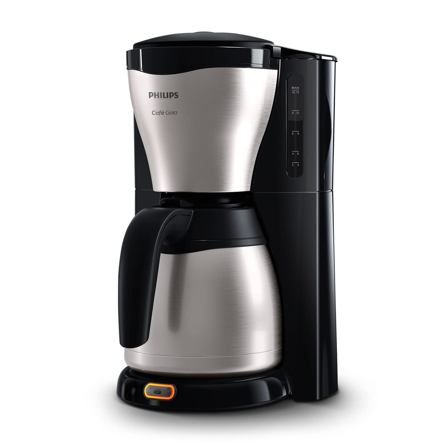 Philips Café Gaia Filter Coffee Machine - Stainless Steel Thermos, Drip Stop, Intense Aroma, Auto Shut-Off, 1,300 ml, Black (HD7546/20)