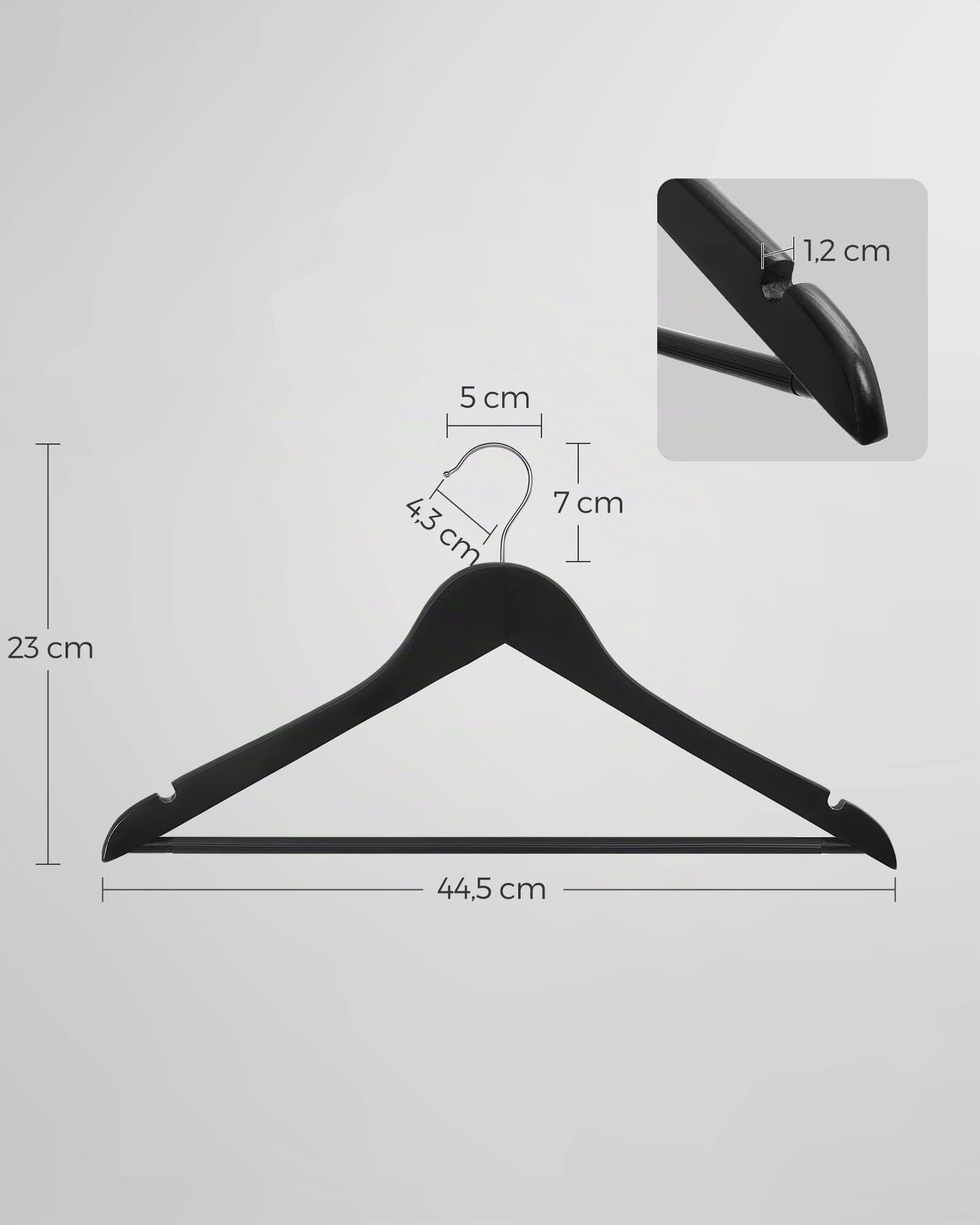 SONGMICS wooden clothes hangers, set of 50, hangers made of solid wood, notches in the shoulder area, non-slip trouser bar, 360° rotating hook, for suits, shirts, black-silver CRW02B-50