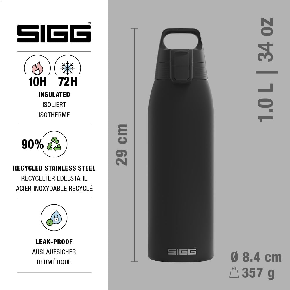 SIGG - Insulated drinking bottle - Thermos bottle Shield Therm One Black carbonated drinks - Leak-proof - Dishwasher safe - BPA-free - 90% recycled stainless steel - Black - 1L - 6052.90