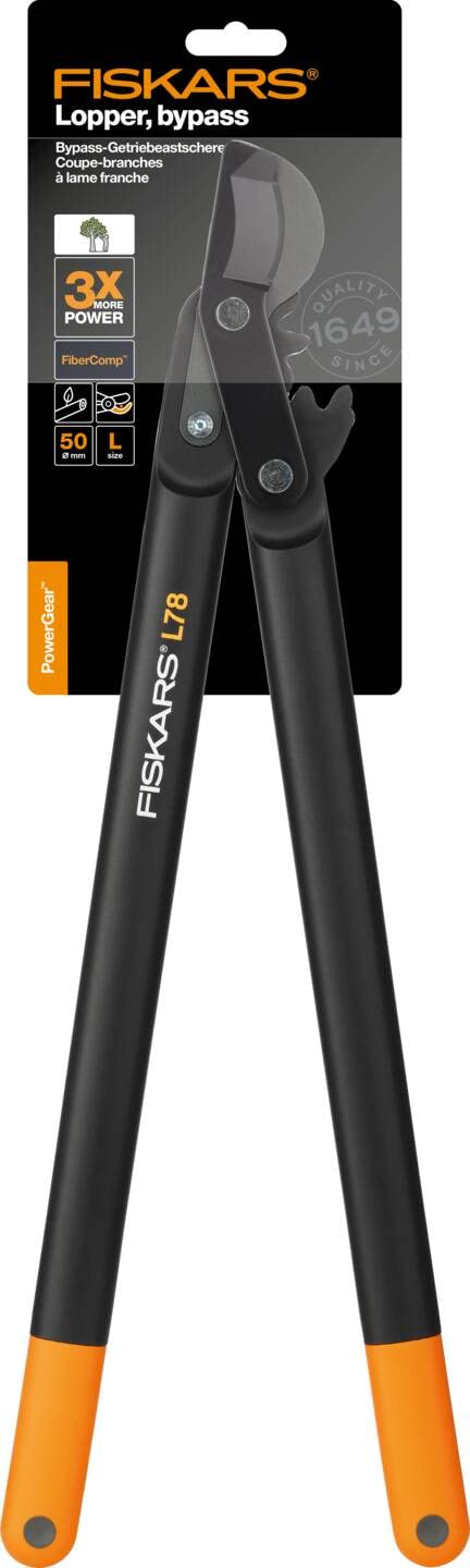 Fiskars PowerGear II Bypass Pruning Shears for Fresh Wood, Non-Stick Coated, Hardened Precision Steel, Length: 70 cm, Black/Orange, L78, 1000584 - 112590