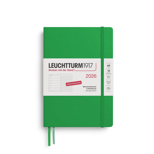 LEUCHTTURM1917 372522 Weekly Calendar & Notebook Dotted Medium (A5) 2026, 12 Months, Spring Leaf, German