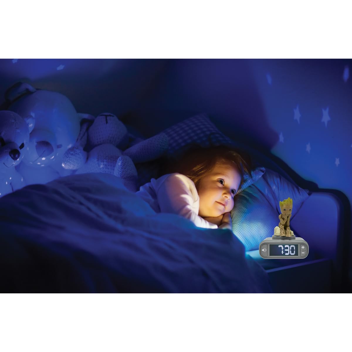 Lexibook, Marvel Guardians of the Galaxy, Groot Night Light Alarm Clock, Sounds and Melodies, Backlit LCD Screen, Illuminated, Snooze, Grey/Brown, RL800GG