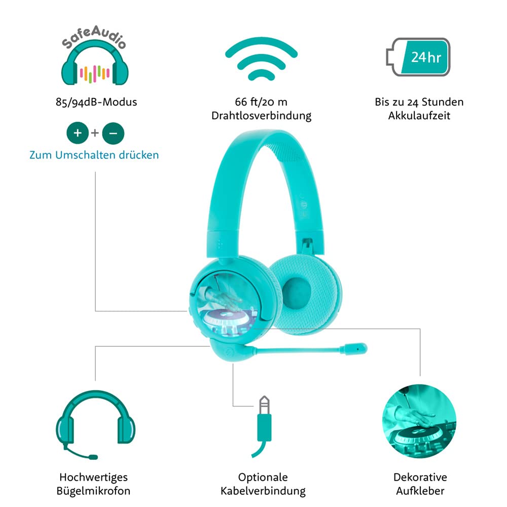 Brand new and “Made for Amazon”: BuddyPhones PopTime Pro Bluetooth children's headphones with volume limiter and boom microphone (ages: 3-12 years), teal - BT-BP-POP-TIMEP-TEAL