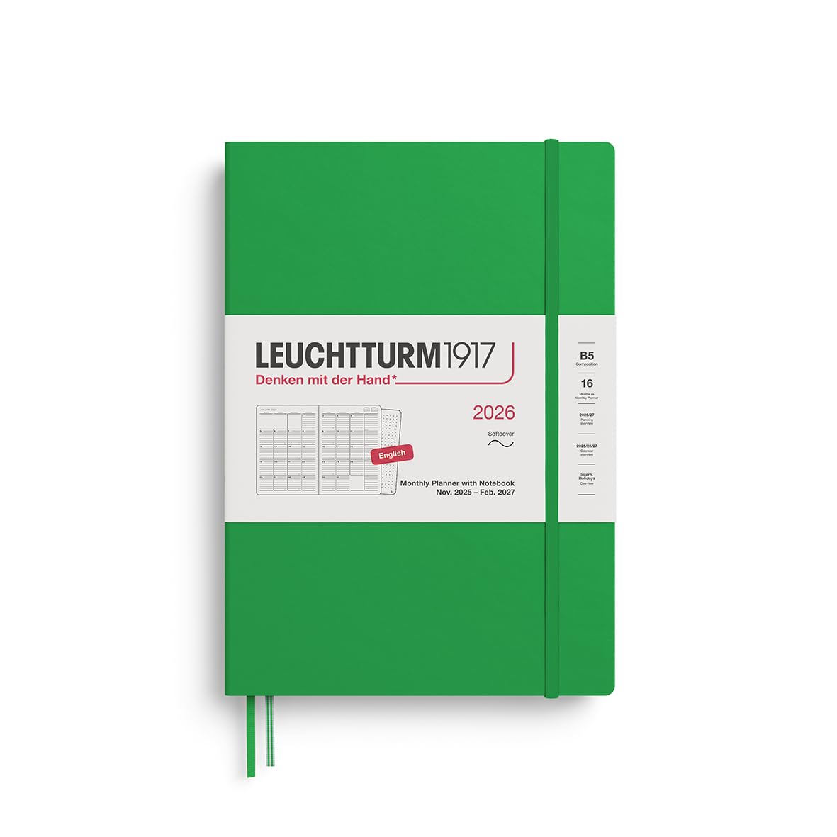 LEUCHTTURM1917 372787 Monthly Planner & Notebook Composition (B5) 2026, 16 Months, Softcover, Spring Leaf, English