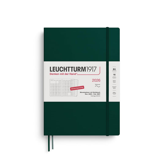 LEUCHTTURM1917 372607 Monthly Planner & Notebook Composition (B5) 2026, 16 Months (01 November 2025-28 February 2027), Softcover, Forest Green, German