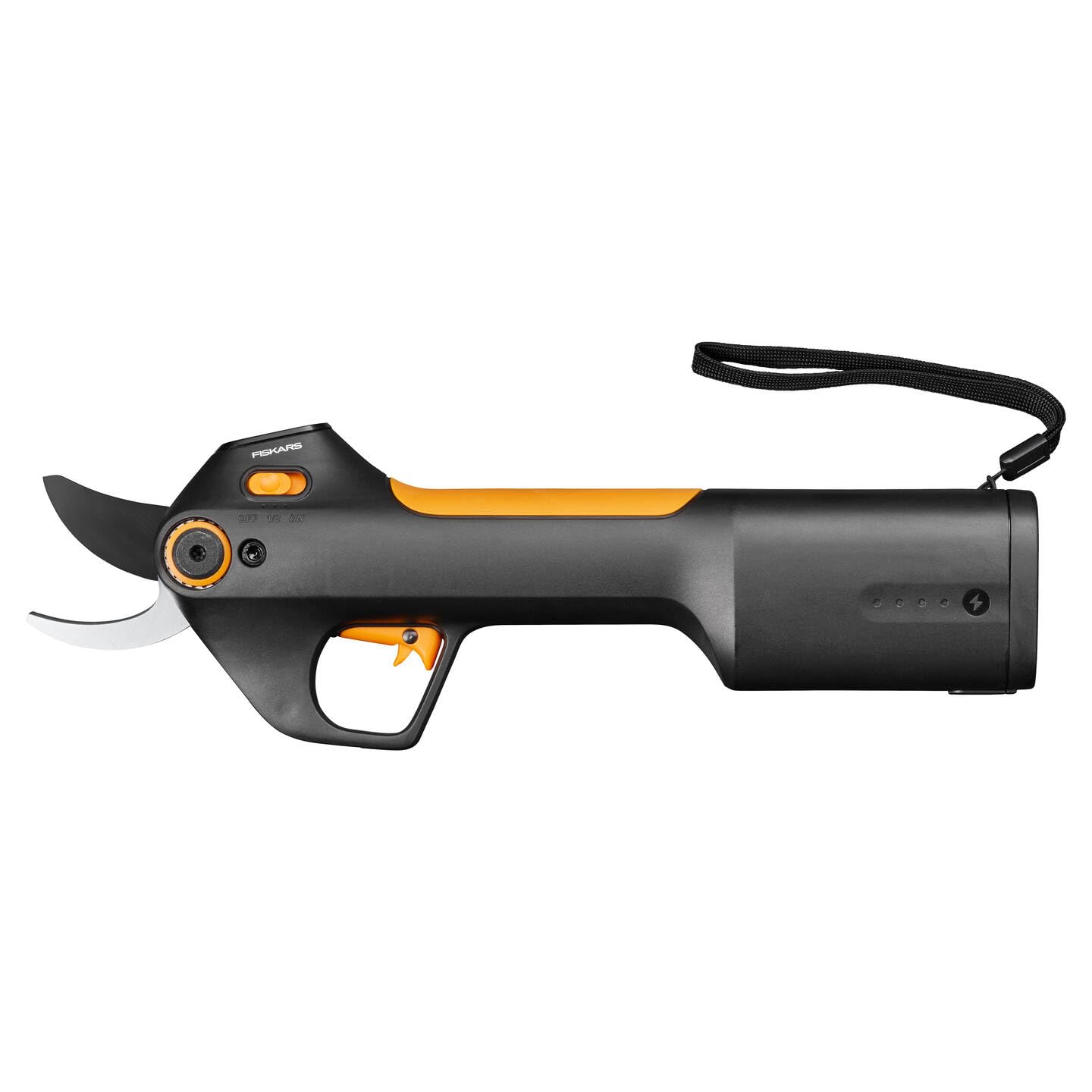 Fiskars cordless secateurs M Bypass, integrated 8V lithium-ion battery, 2 cutting modes, up to 3,500 cuts per charge, for branches up to Ø 25 mm, USB-C charging cable, black/orange, 1082297