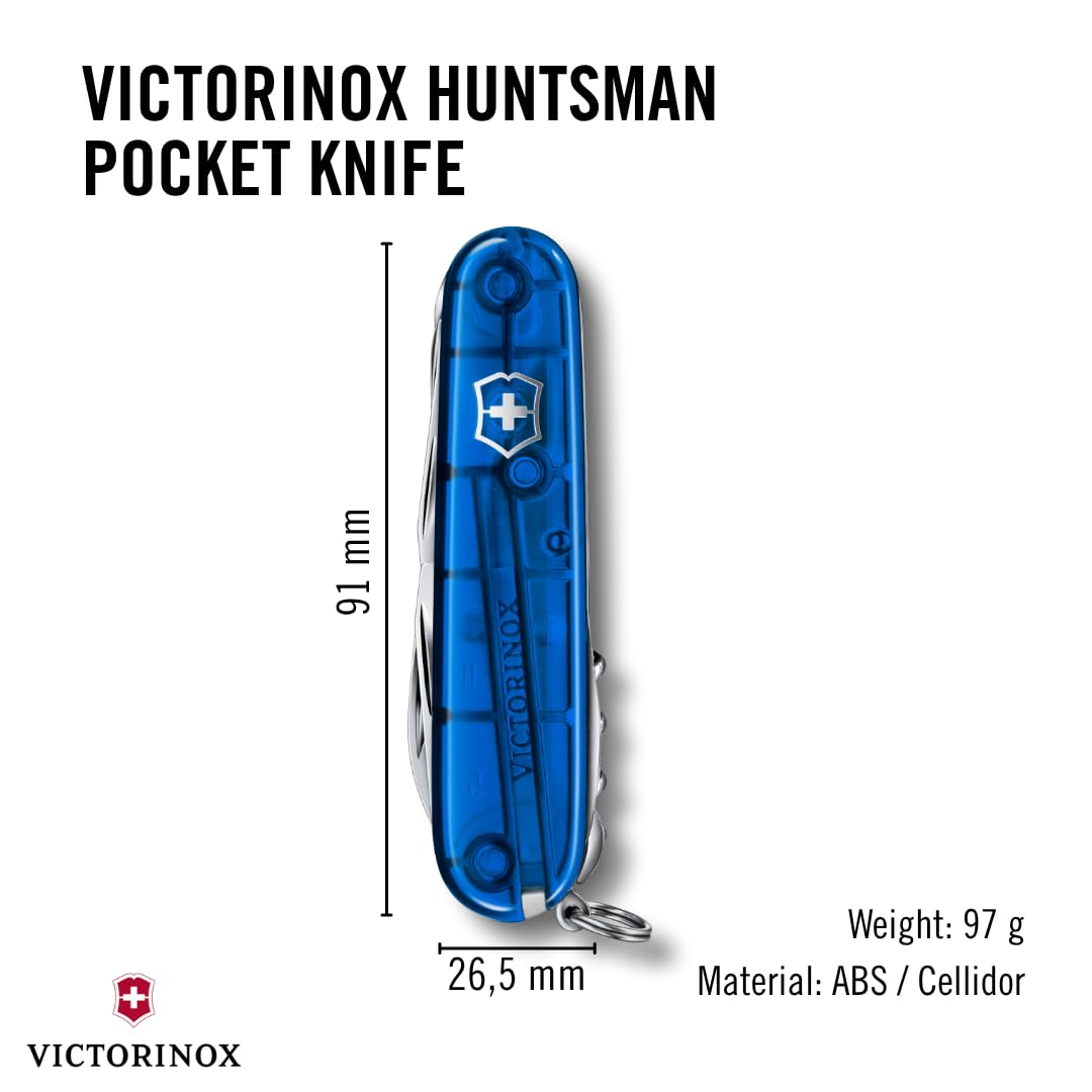 Victorinox Swiss Army Knife Huntsman, Multitool, Swiss Army Knife with 15 functions, blade, corkscrew, can opener, folding box, blue transparent - 1.3713.T2