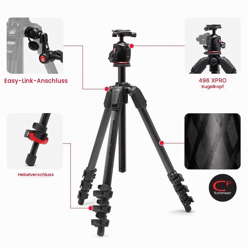 Manfrotto 055XPRO AS, 4-section carbon fiber camera tripod, kit with XPRO ball head, 90-degree column, 15 kg load capacity, Arca-Swiss plate, for DSLR/mirrorless camera, camera tripod, photo tripod. - MK055CXPRO4-Q6T