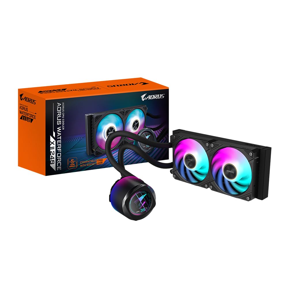 GIGABYTE AORUS WATERFORCE X II 240 AIO Liquid CPU Cooler - 2x120mm ARGB Fans, Full-Color LCD, Daisy-Chain, compatible with Intel LGA 1851 and AMD AM5 - GP-AORUS