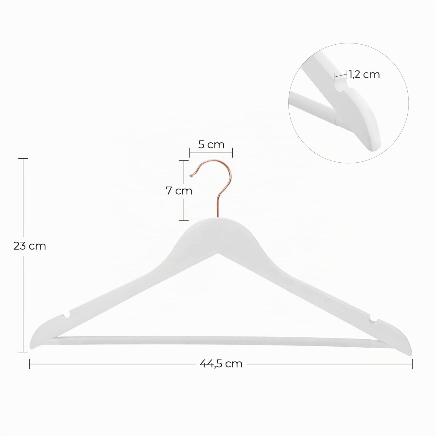 SONGMICS wooden clothes hangers, set of 20, solid wood hangers, notches in the shoulder area, non-slip trouser bar, 360° rotating hook, for suits, shirts, white-rose gold CRW001W01