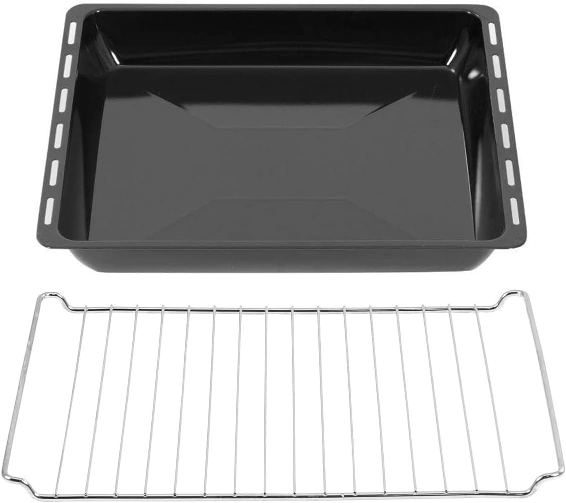 ICQN Deep baking tray & grid set 455 × 375 × 60 mm extra deep, compatible with Bosch, Siemens, Constructa & Neff, enamelled drip pan & chrome-plated grid for oven & stove - Yak0018-grillOT04