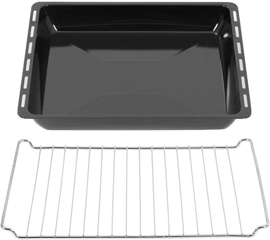 ICQN Deep baking tray & grid set 455 × 375 × 60 mm extra deep, compatible with Bosch, Siemens, Constructa & Neff, enamelled drip pan & chrome-plated grid for oven & stove - Yak0018-grillOT04