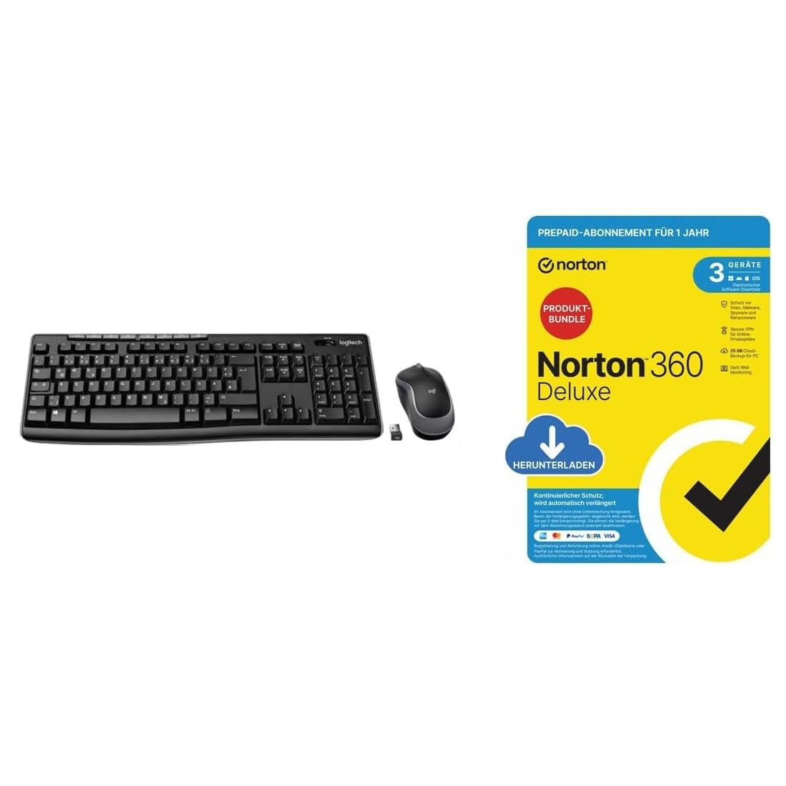 Logitech MK270 Wireless Keyboard and Mouse Set - Black + Norton 360 Deluxe 2026, Antivirus Software for 3 Devices