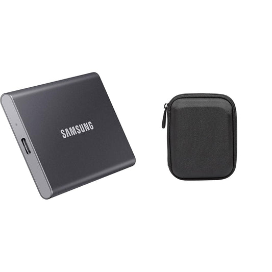 SSD portabil Samsung T7 - ​​1 TB - SSD extern USB 3.2 Gen.2 Titan Grey (MU-PC1T0T/WW) + carcasă pentru hard disk Amazon Basics, neagră