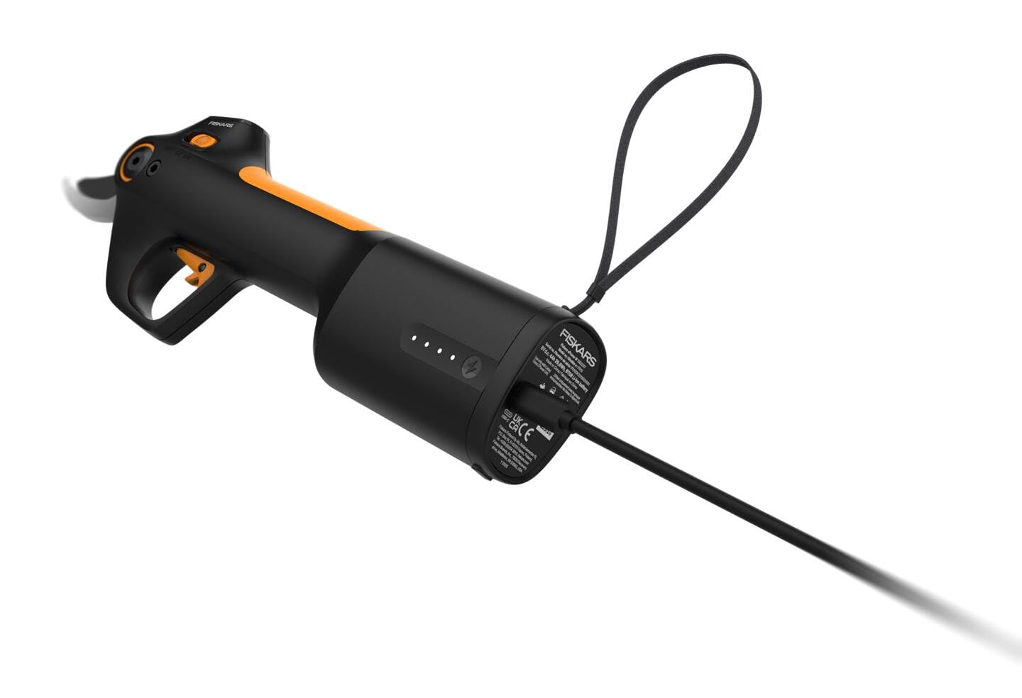 Fiskars cordless secateurs M Bypass, integrated 8V lithium-ion battery, 2 cutting modes, up to 3,500 cuts per charge, for branches up to Ø 25 mm, USB-C charging cable, black/orange, 1082297