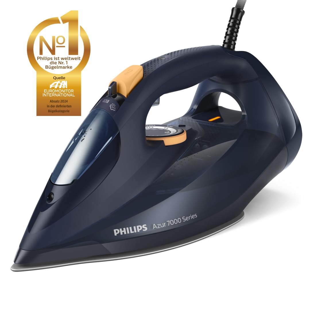 Philips Azur 7000 Series Steam Iron - 3000W, 55 g/min Continuous Steam, 250 g Steam Shot, Vertical Steam, SteamGlide Elite Soleplate, Dark Blue/Yellow (DST7060/20)