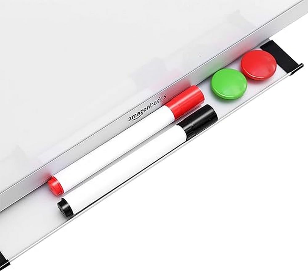 Amazon Basics magnetic whiteboard with aluminum frame, pen holder, 6 magnets, 1 eraser and 2 markers for office and home, wall mounting, dry wipeable, 60cm x 45cm - 1548964562