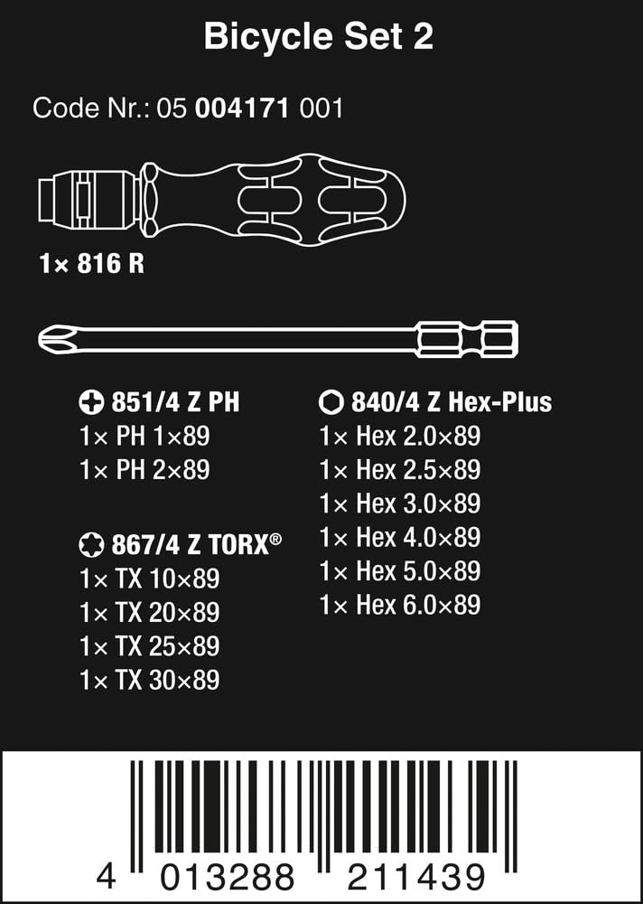 Wera 05004171001 Bicycle Set 2, bicycle screwdriver interchangeable blade set, 13 pieces