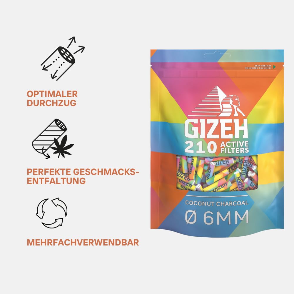 GIZEH RAINBOW Active Filter - activated carbon filter 6 mm diameter in a pack of 210 - activated carbon filter slim with activated carbon made from coconut shell - filter with 27 mm length - 20067