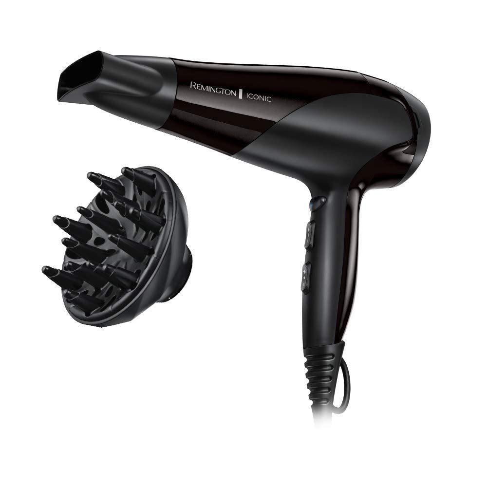 Remington Hair Dryer Ions [lightweight, diffuser & styling nozzle] black (2200W, ceramic ions: gentle styling & even heat distribution, 3 heat & 2 separate fan speeds + cool shot) D3198 - 45711560100